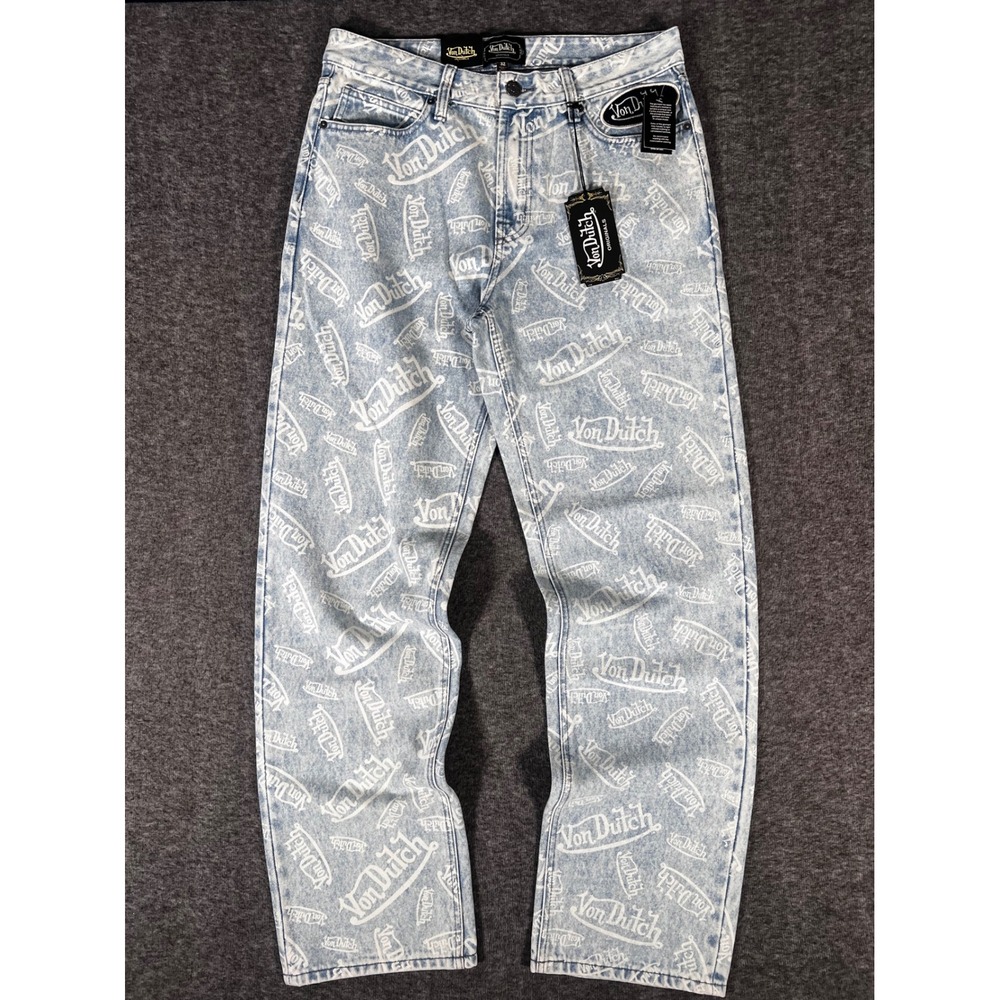 Von Dutch Monogram All Over Print AOP Stonewash Denim Jeans Light Blue 32 NEW